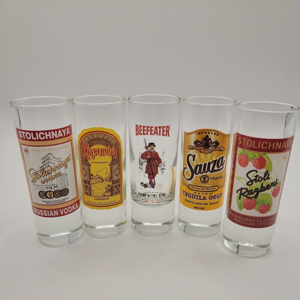Set of 5 Classic Tall Shot Glass Collection 2.25oz  Tequila Gold, Kahlua, Stoli